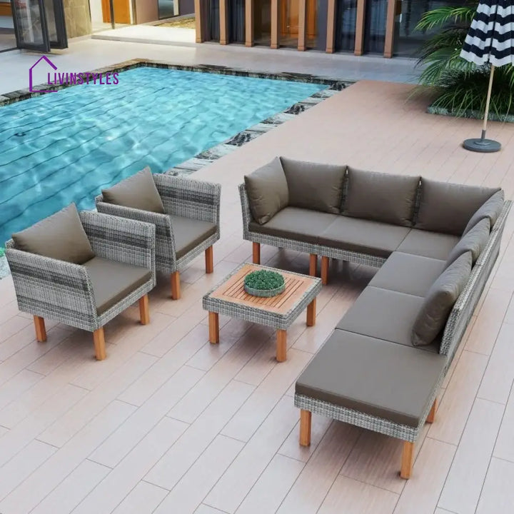 Petya Outdoor Garden Balcony Sofa Set 5 Seater 2 Single Seater 1 Ottoman and 1 Center Table Set (Grey) - Sofa Sets