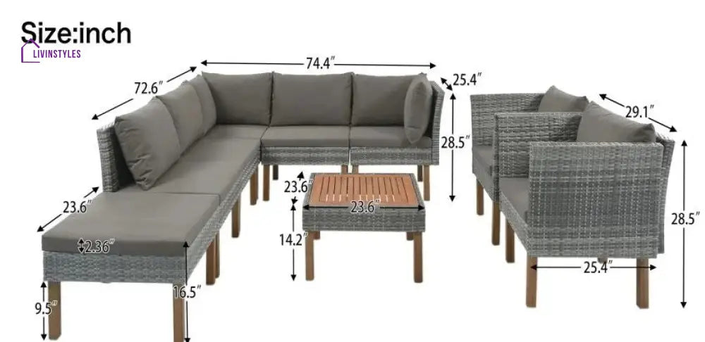 Petya Outdoor Garden Balcony Sofa Set 5 Seater 2 Single Seater 1 Ottoman and 1 Center Table Set (Grey) - Sofa Sets