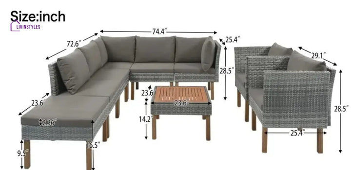 Petya Outdoor Garden Balcony Sofa Set 5 Seater 2 Single Seater 1 Ottoman and 1 Center Table Set (Grey) - Sofa Sets