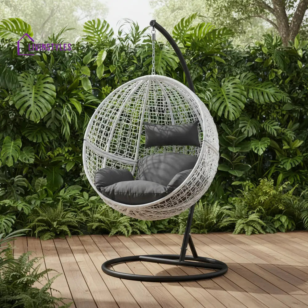 Piccio Single Seater Hanging Swing With Stand For Balcony Garden Swing (White) - Swings