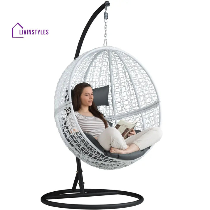 Piccio Single Seater Hanging Swing With Stand For Balcony Garden Swing (White) - Swings