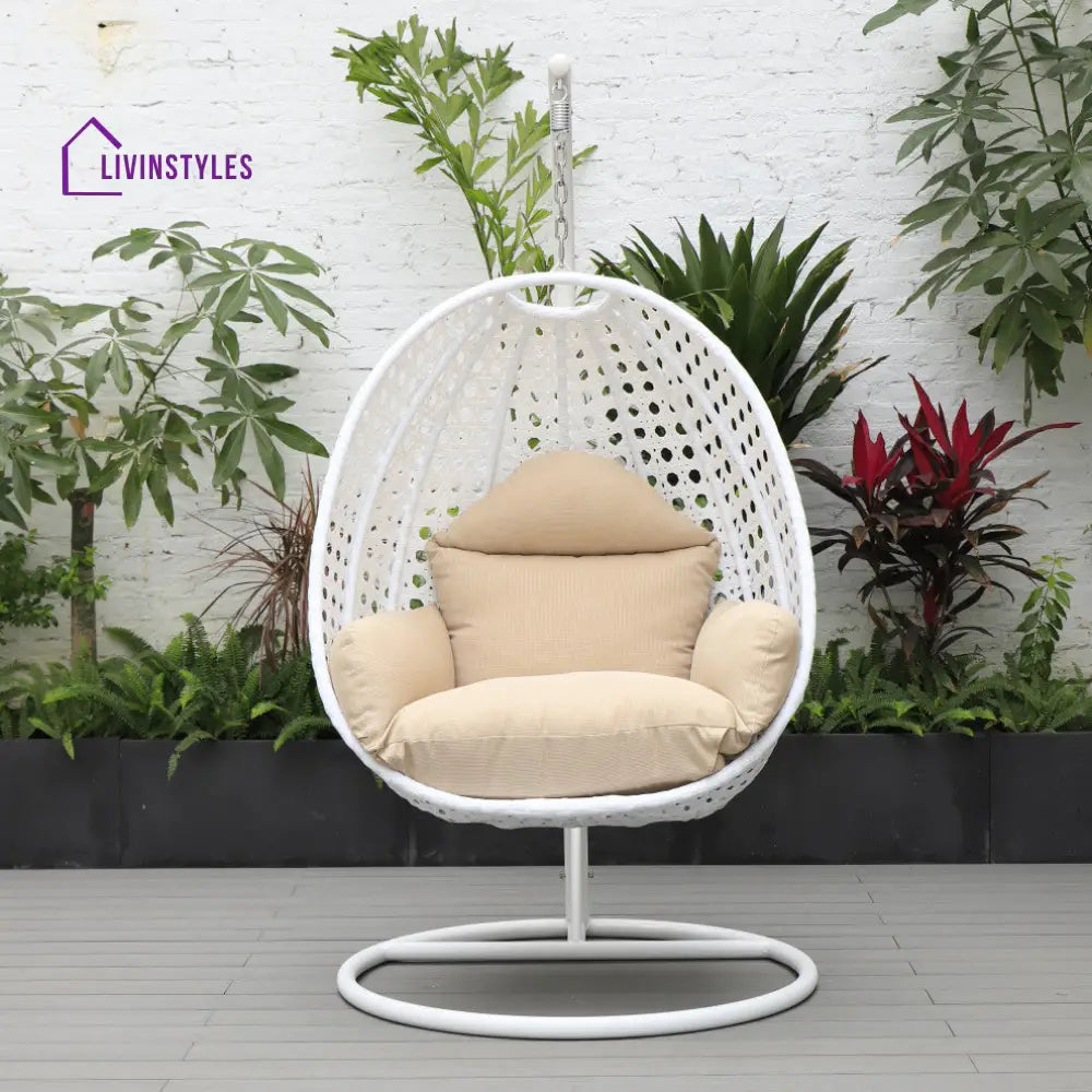 Pico Single Seater Hanging Swing With Stand For Balcony Garden (White) - Cream - Swings