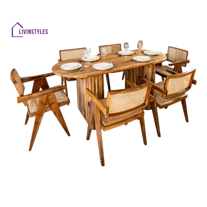 Pihu 6 Seater Dining Table Set With Rattan Chairs
