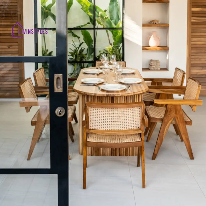 Pihu 6 Seater Dining Table Set With Rattan Chairs Teak Wood / 2 Seater (Size: 32 L x 32 W x 30 H)