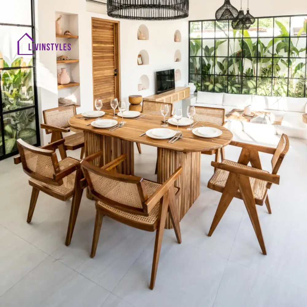 Pihu 6 Seater Dining Table Set With Rattan Chairs Teak Wood / 4 Seater (Size: 43 L x 43 W x 30 H)