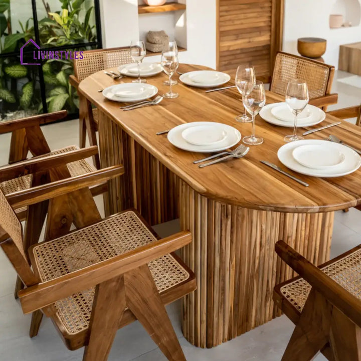 Pihu 6 Seater Dining Table Set With Rattan Chairs Teak Wood / 6 Seater (Size: 72 L x 39 W x 30 H)