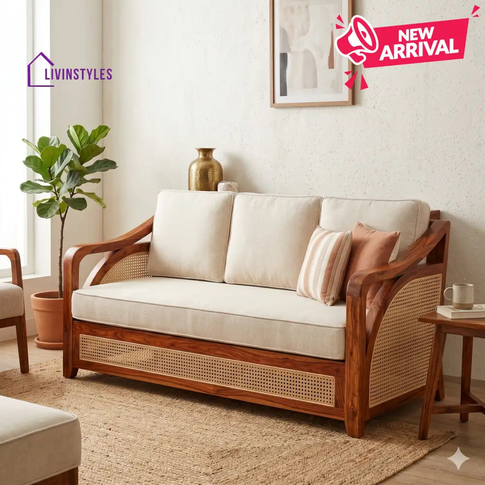 Pihu Sheesham Wood and Cane Sofa for Living Room