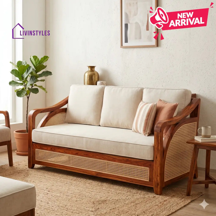 Pihu Sheesham Wood and Cane Sofa for Living Room