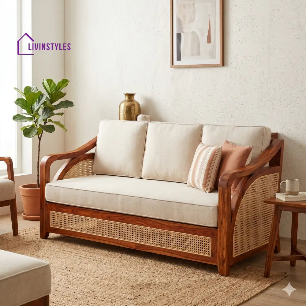 Pihu Sheesham Wood and Cane Sofa for Living Room