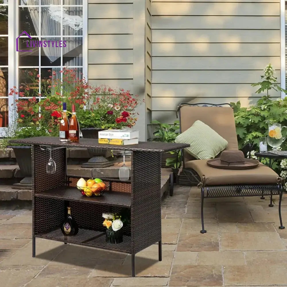 Pilar Outdoor Rattan Wicker Bar Table With Storage Selves - Bar Table