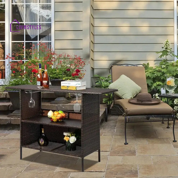 Pilar Outdoor Rattan Wicker Bar Table With Storage Selves - Bar Table