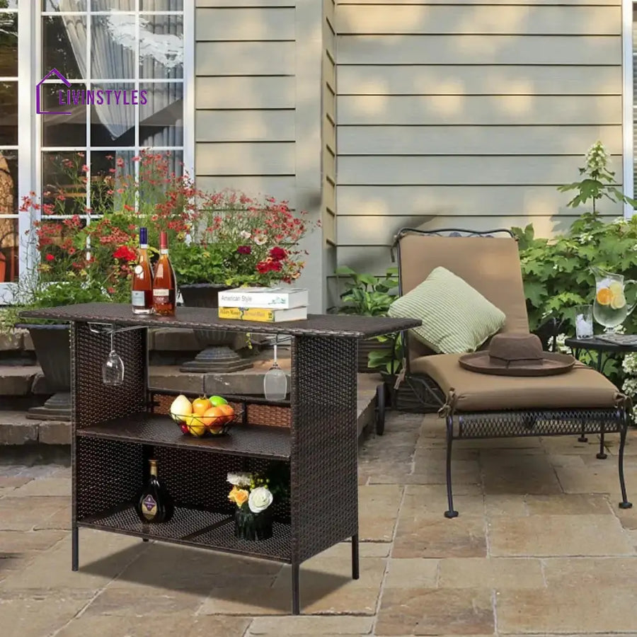 Pilar Outdoor Rattan Wicker Bar Table With Storage Selves - Bar Table
