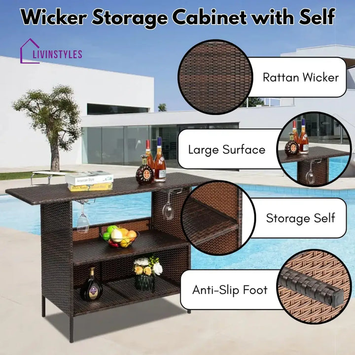 Pilar Outdoor Rattan Wicker Bar Table With Storage Selves - Bar Table