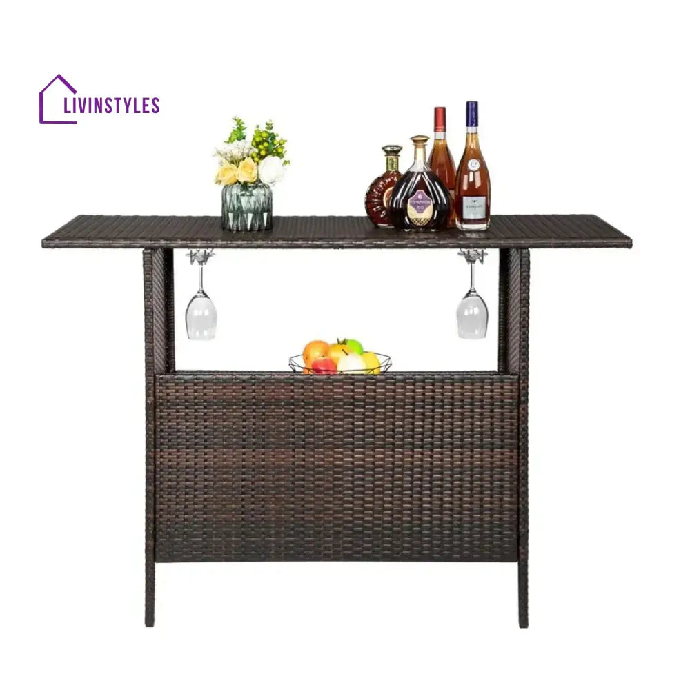 Pilar Outdoor Rattan Wicker Bar Table With Storage Selves - Bar Table