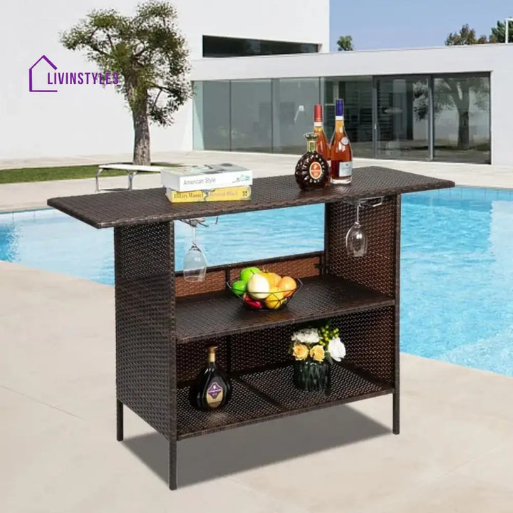 Pilar Outdoor Rattan Wicker Bar Table With Storage Selves - Bar Table
