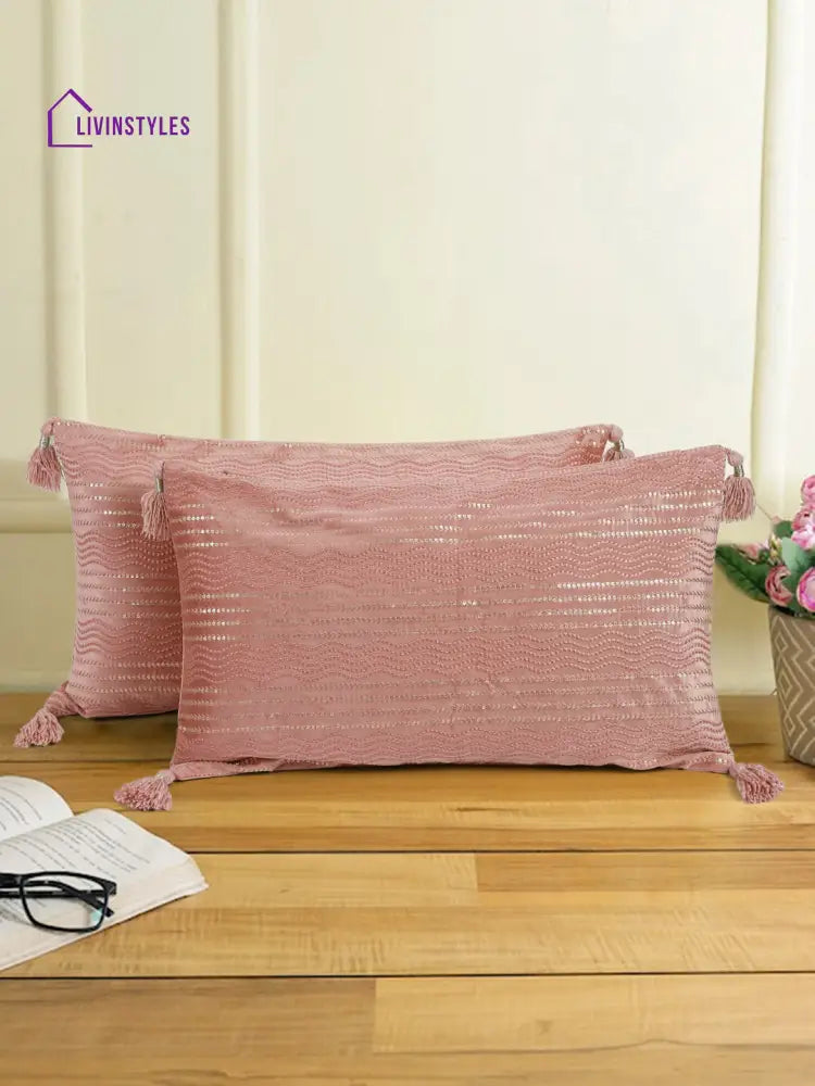 Pink Color Embroidered Cushion Cover Set Of 2 (12X28 Inch)
