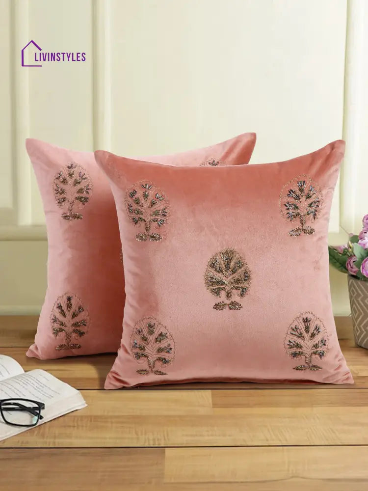 Pink Color Velvet Hand Work Cushion Cover Set Of 2 (18X18 Inch)