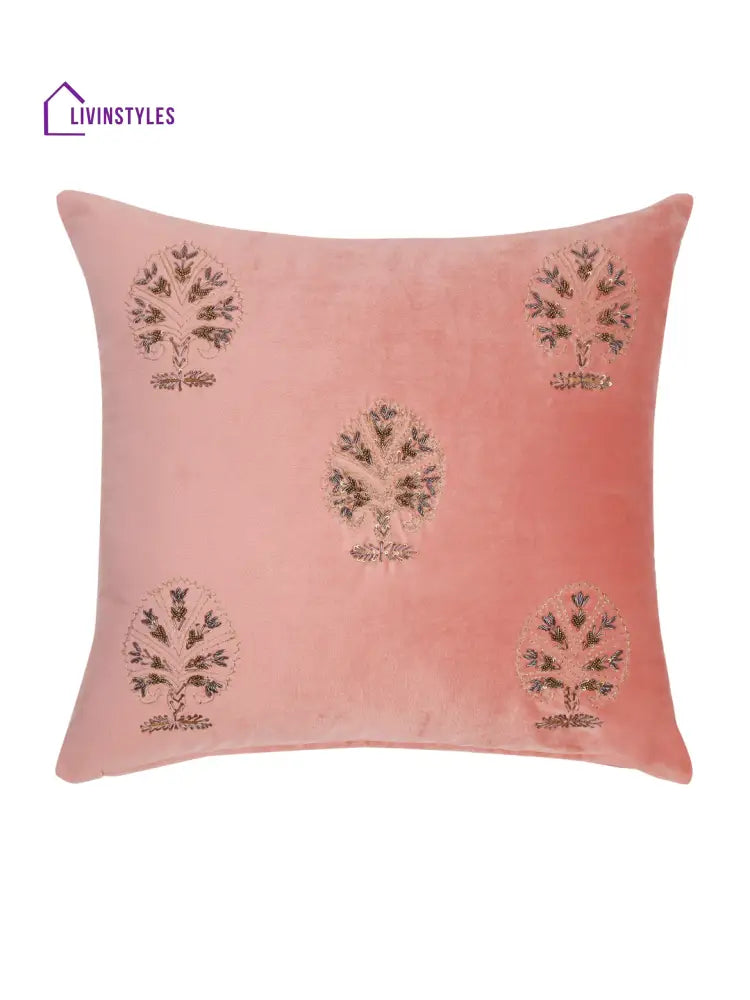 Pink Color Velvet Hand Work Cushion Cover Set Of 2 (18X18 Inch)
