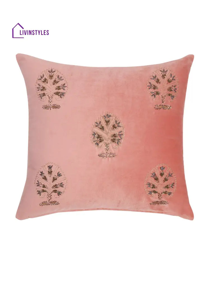 Pink Color Velvet Hand Work Cushion Cover Set Of 2 (18X18 Inch)