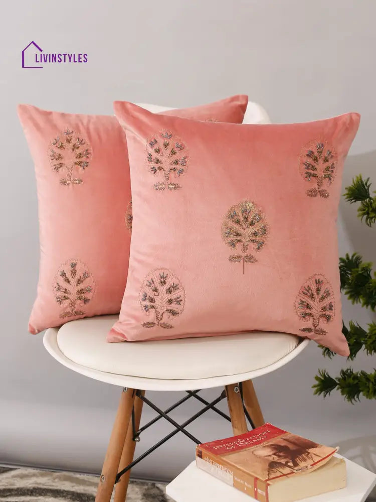 Pink Color Velvet Hand Work Cushion Cover Set Of 2 (18X18 Inch)