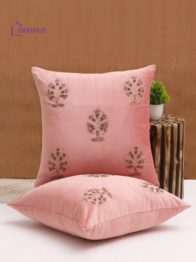 Pink Color Velvet Hand Work Cushion Cover Set Of 2 (18X18 Inch)