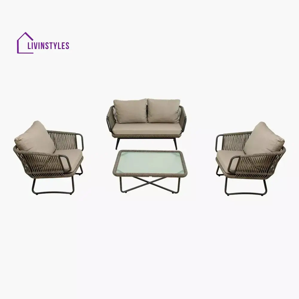 Pinon Outdoor Garden Balcony Sofa Set 2 Seater 2 Single Seater 1 Center Table Set (Beige) Braided and Rope - Sofa Sets