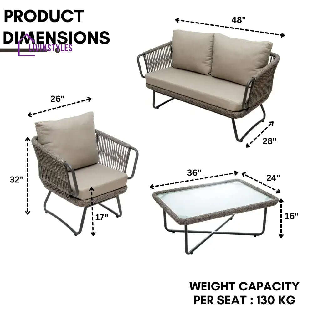 Pinon Outdoor Garden Balcony Sofa Set 2 Seater 2 Single Seater 1 Center Table Set (Beige) Braided and Rope - Sofa Sets