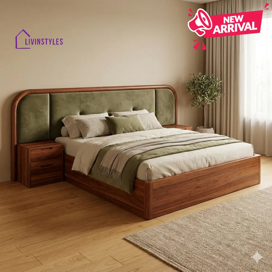 Polina Premium Sheesham Wood Bed with Velvet Headboard