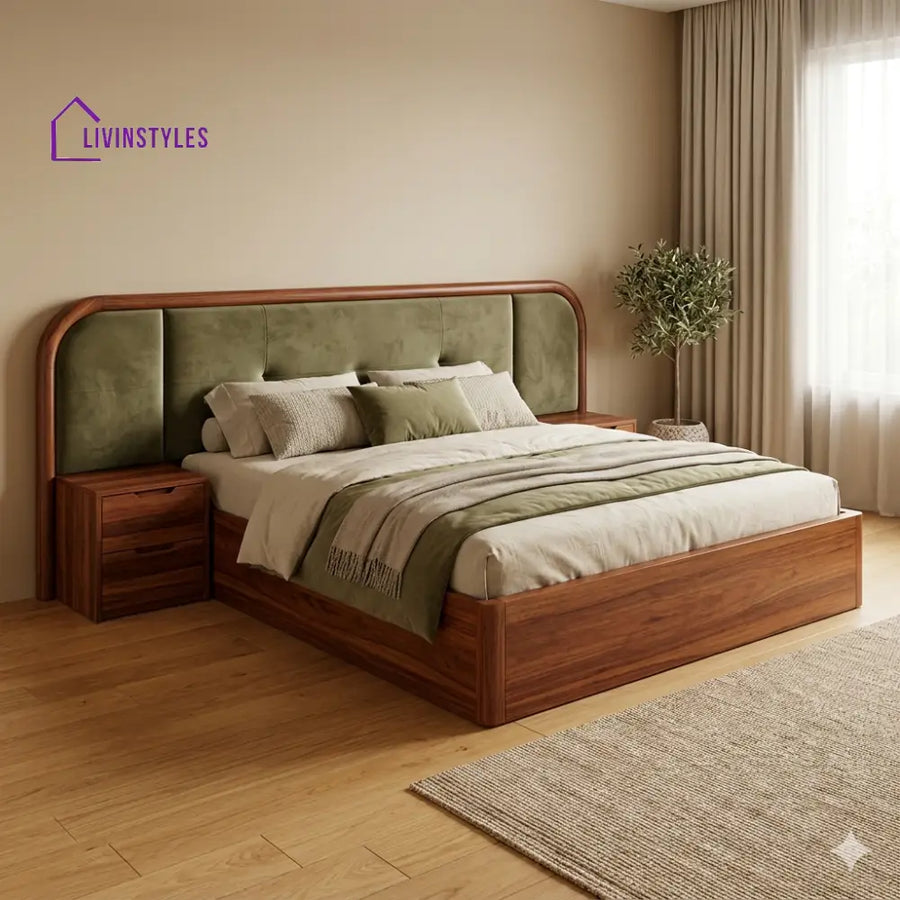 Polina Premium Sheesham Wood Bed with Velvet Headboard