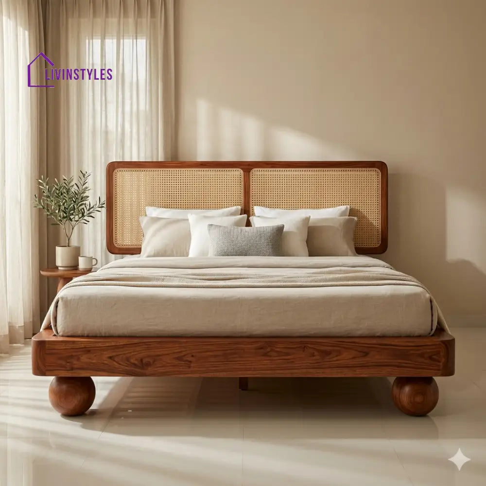 Polina Sheesham Wood Bed with Ball Shaped Legs and Cane Weaving Headboard