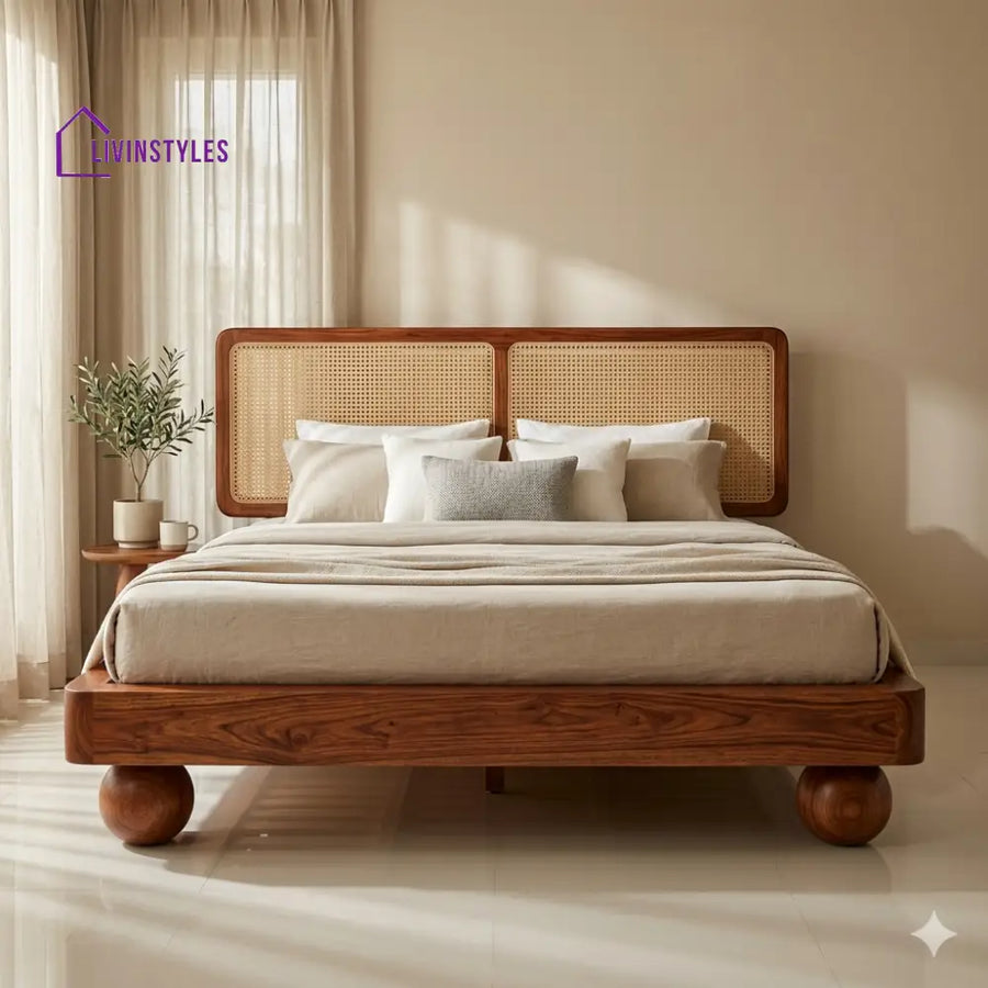 Polina Sheesham Wood Bed with Ball Shaped Legs and Cane Weaving Headboard