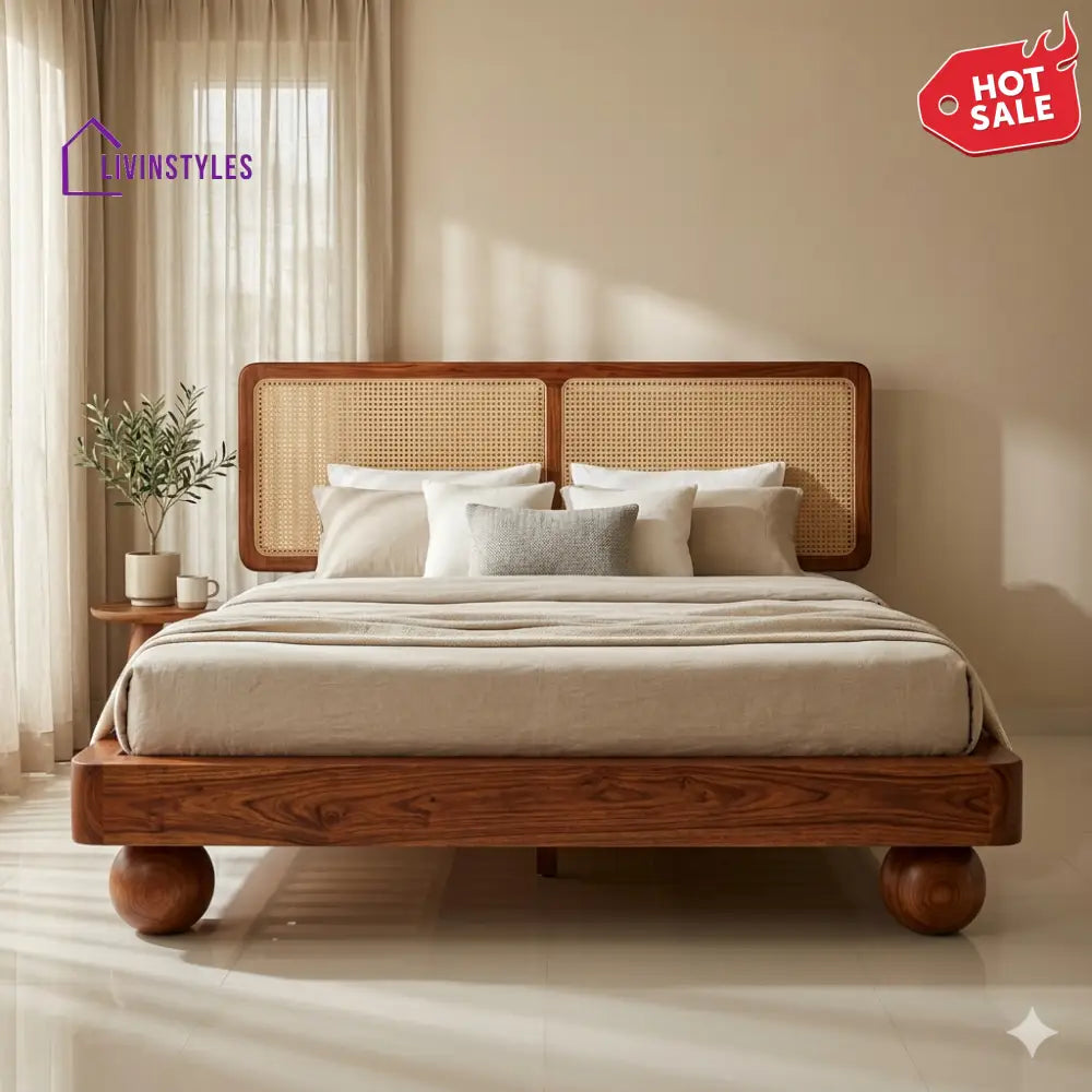 Polina Sheesham Wood Bed with Ball Shaped Legs and Cane Weaving Headboard