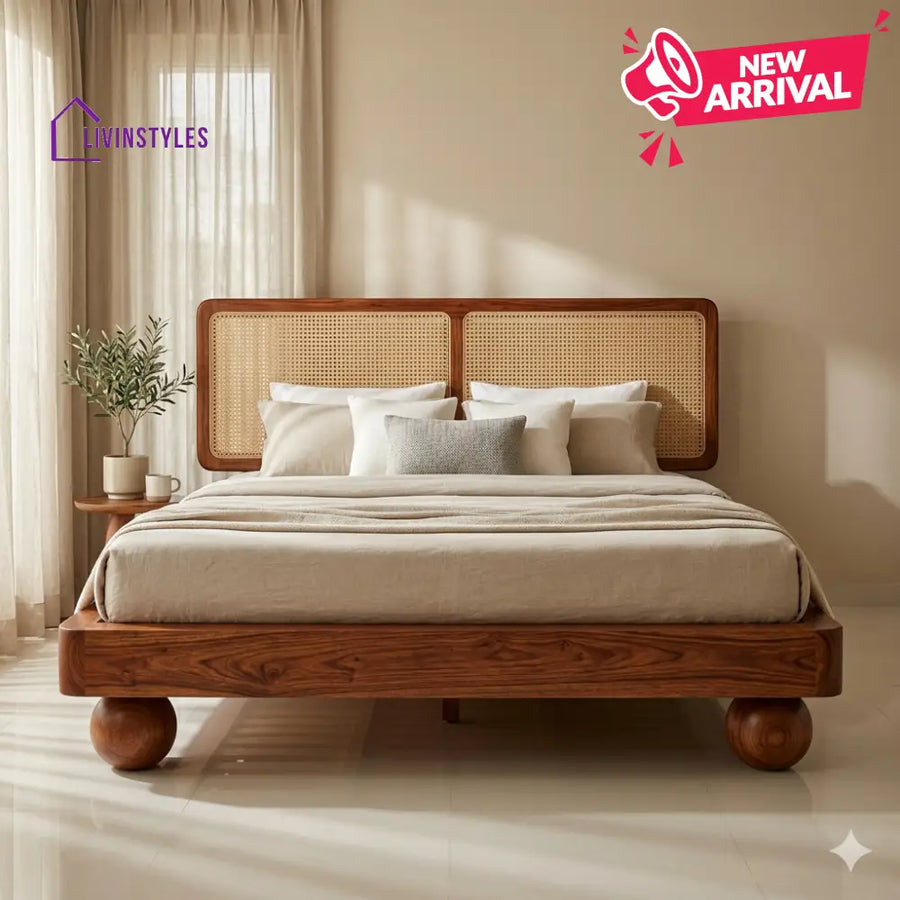 Polina Sheesham Wood Bed with Ball Shaped Legs and Cane Weaving Headboard