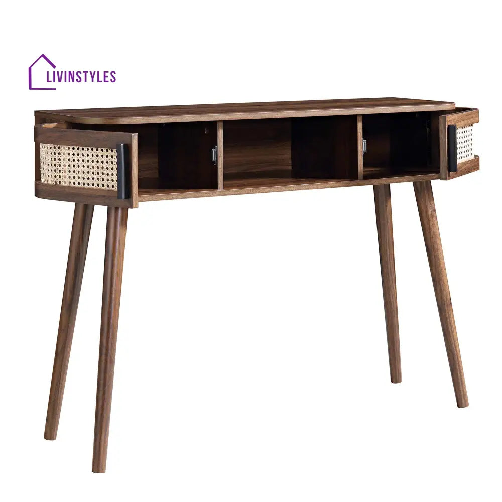 Izzy Curved Rattan 2-Door Table Walnut Console Tables