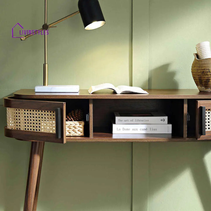 Izzy Curved Rattan 2-Door Table Walnut Console Tables