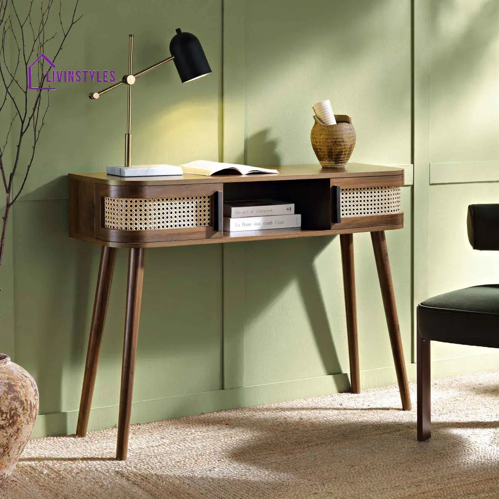 Izzy Curved Rattan 2-Door Table Walnut Console Tables
