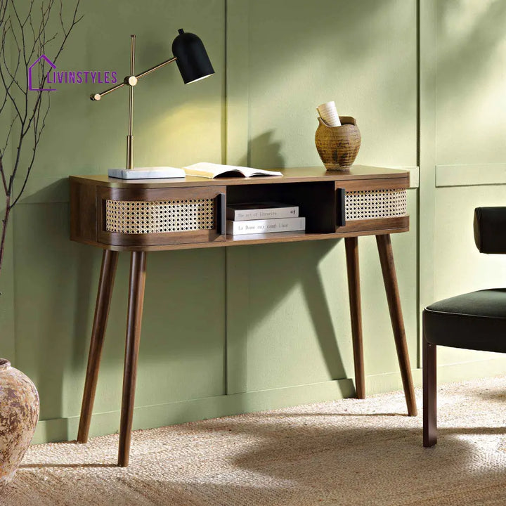 Izzy Curved Rattan 2-Door Table Walnut Console Tables