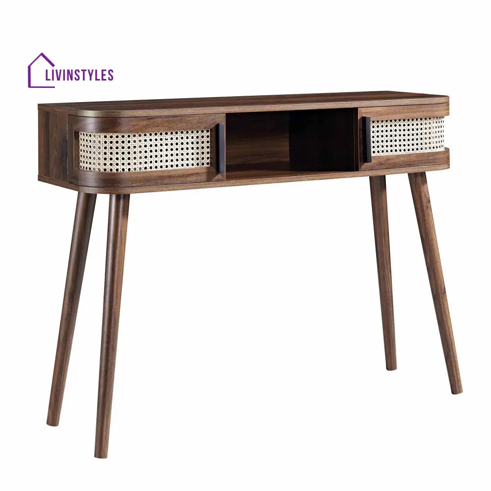 Izzy Curved Rattan 2-Door Table Walnut Console Tables