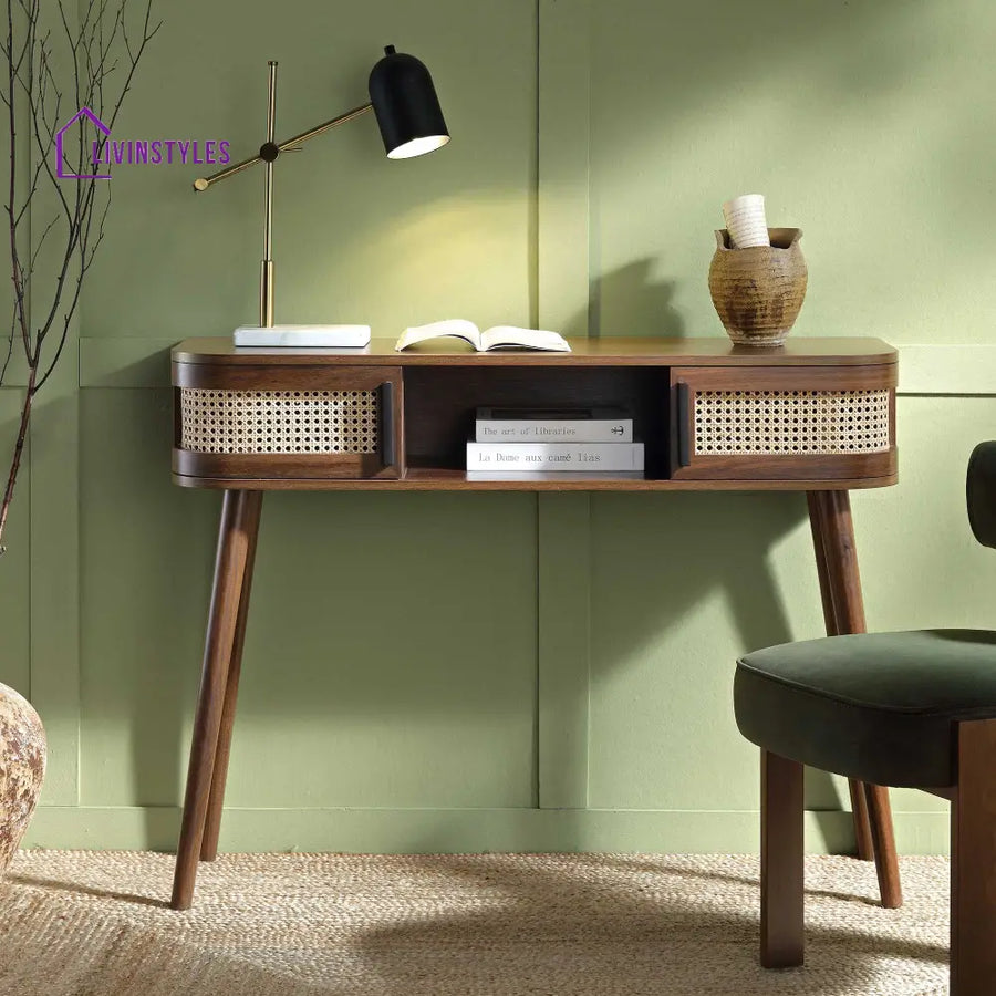 Izzy Curved Rattan 2-Door Table Walnut Console Tables