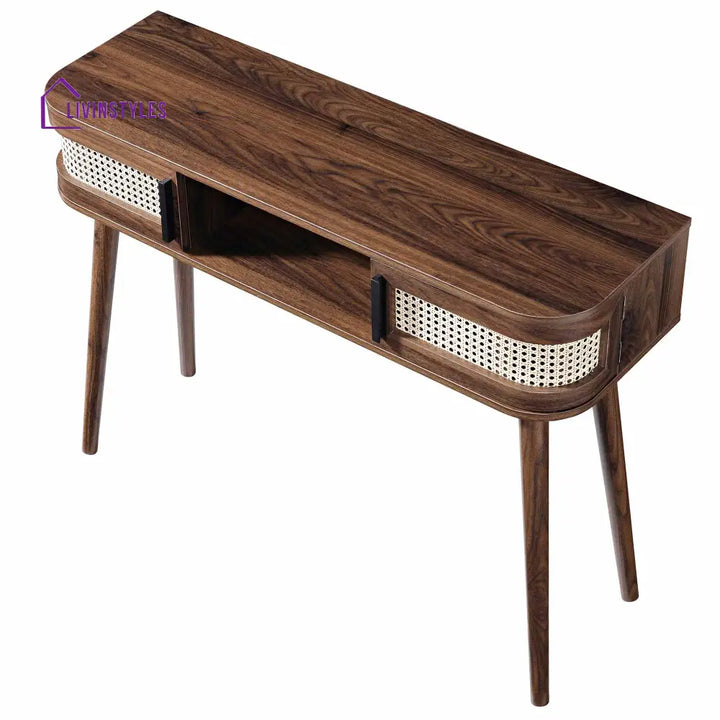 Izzy Curved Rattan 2-Door Table Walnut Console Tables