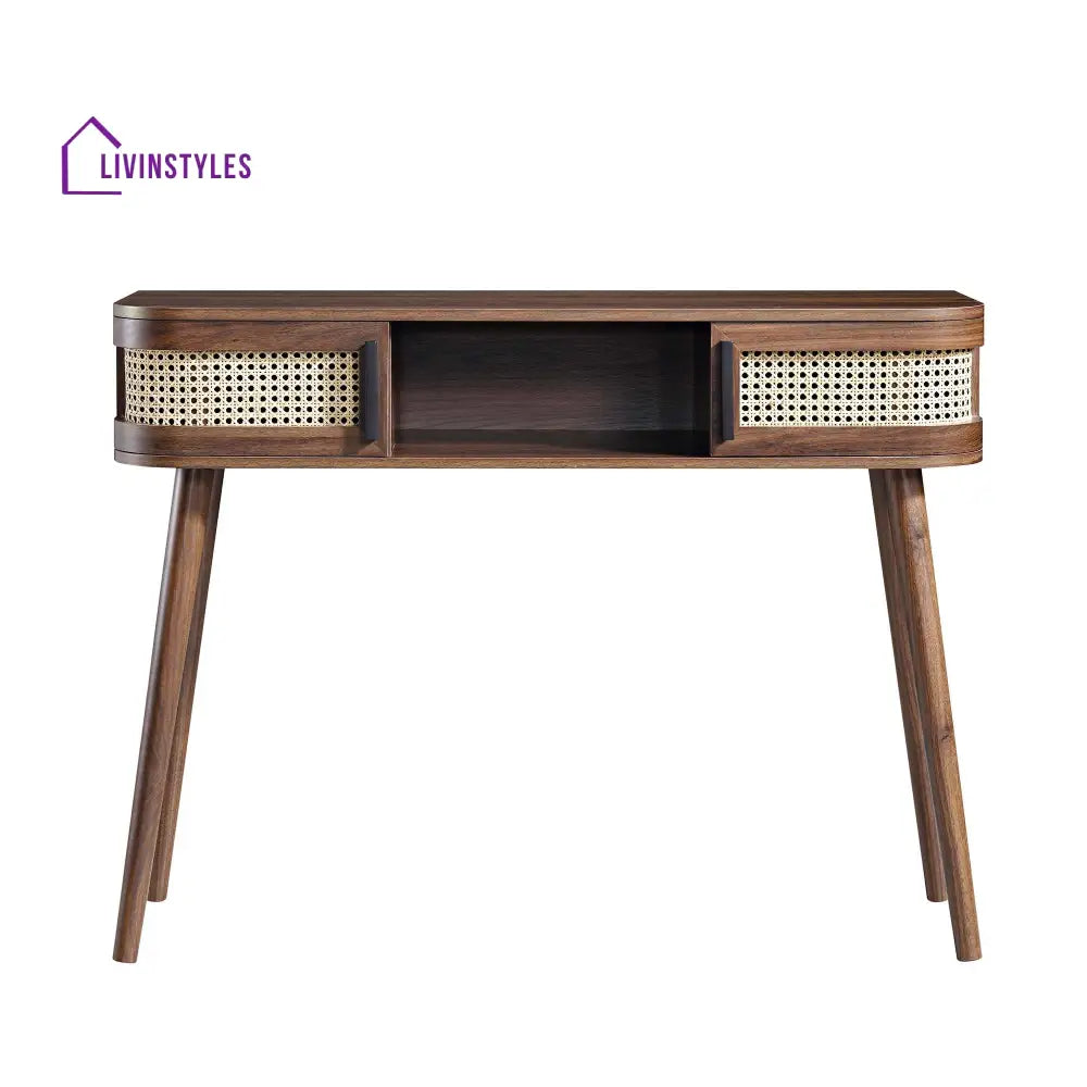 Izzy Curved Rattan 2-Door Table Walnut Console Tables