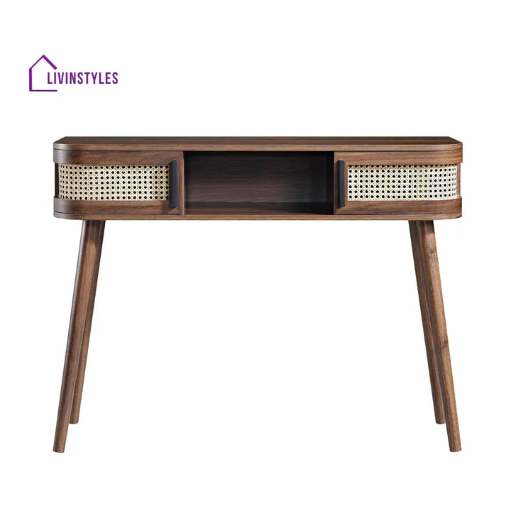 Izzy Curved Rattan 2-Door Table Walnut Console Tables