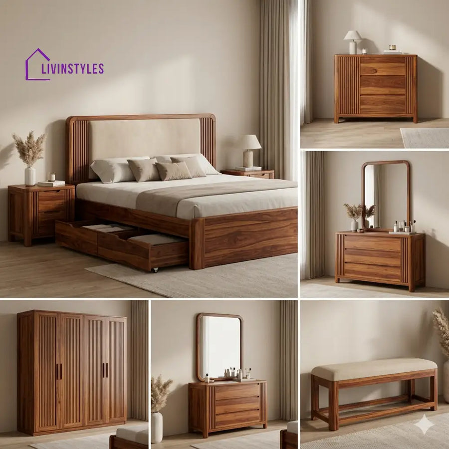 Pooja Solid Sheesham Wood Bedroom Set with Bed Bedside Tables Bench Wardrobe & Dresser