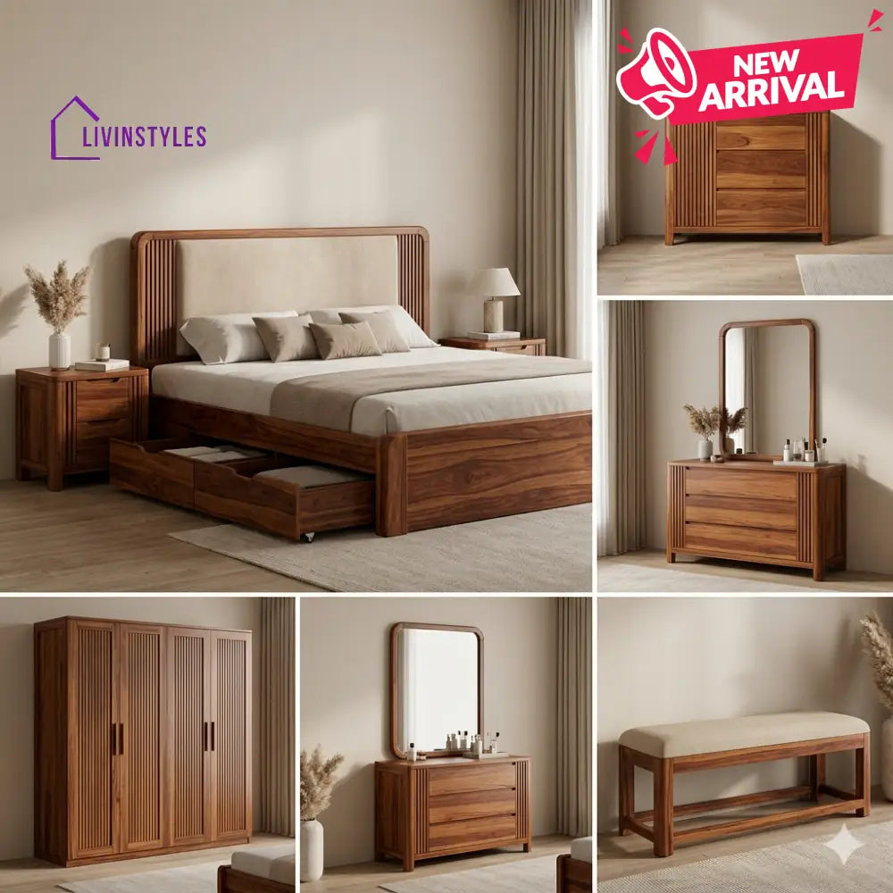 Pooja Solid Sheesham Wood Bedroom Set with Bed Bedside Tables Bench Wardrobe & Dresser