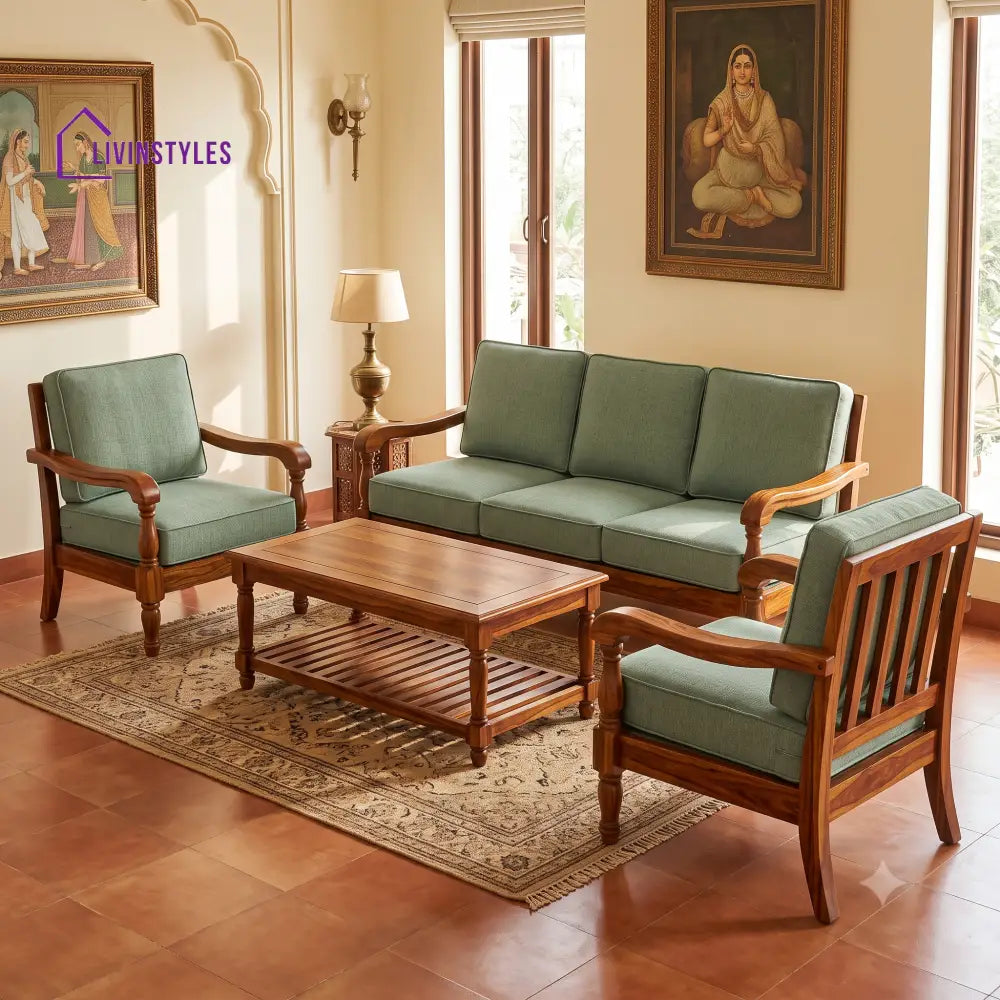 Pooja Wooden Sofa Set | 3 + 1 + 1 Sheesham Wood Sofa Set for Living Room