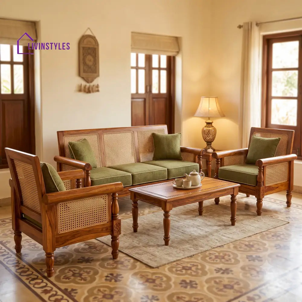 Poorani Wooden Sofa Set | 3 + 1 + 1 Sheesham Wood Sofa Set for Living Room