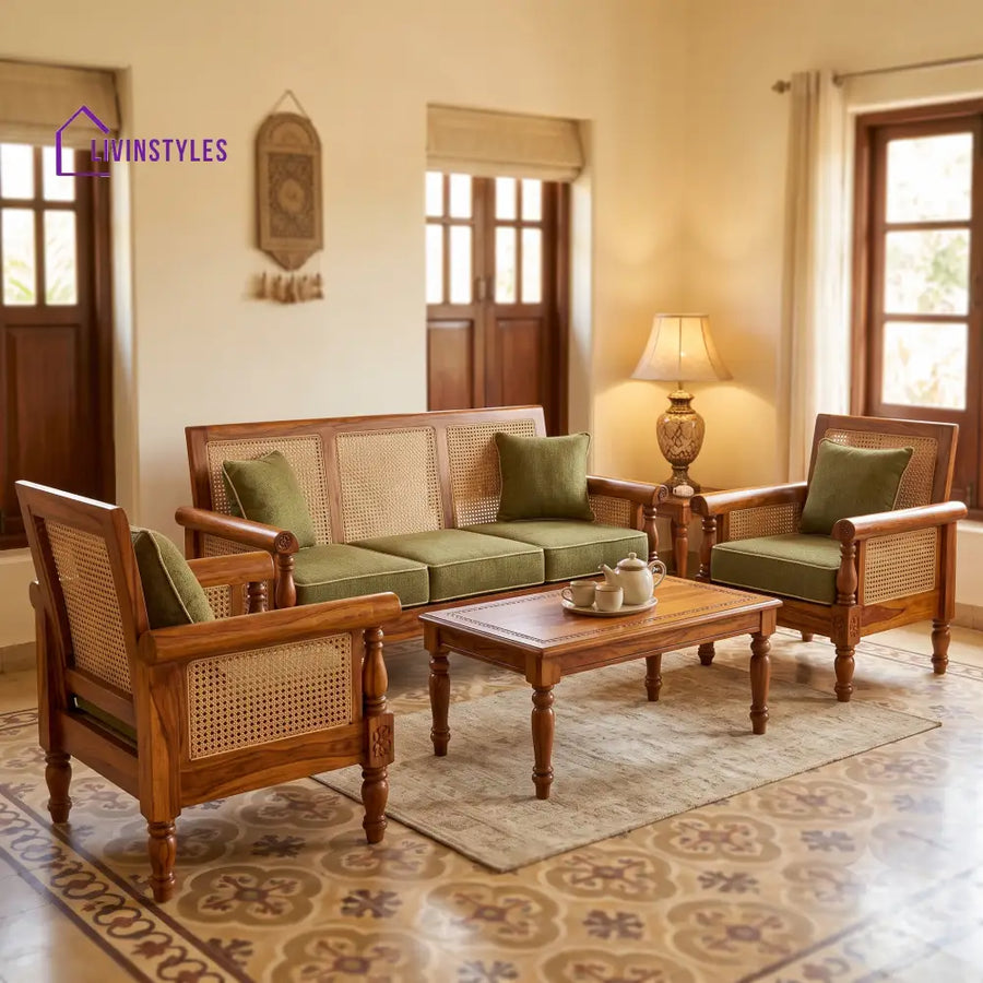 Poorani Wooden Sofa Set | 3 + 1 + 1 Sheesham Wood Sofa Set for Living Room
