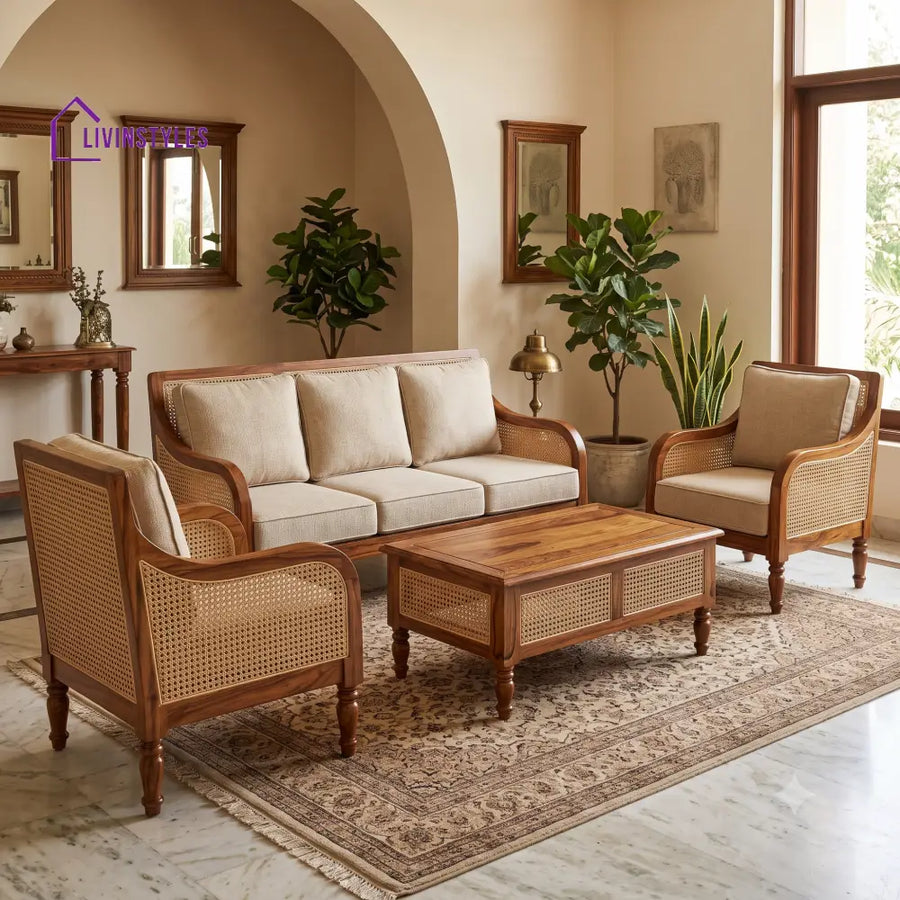 Poornima Wooden Sofa Set | 3 + 1 + 1 Sheesham Wood Sofa Set for Living Room