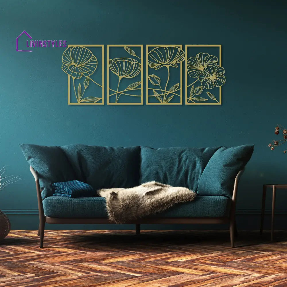 Poppy Flowers 4 Panels Metal Wall Art 40x24 cm | 15.7x9.4 Inches / Gold