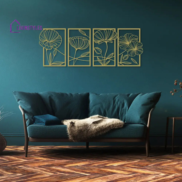 Poppy Flowers 4 Panels Metal Wall Art 40x24 cm | 15.7x9.4 Inches / Gold